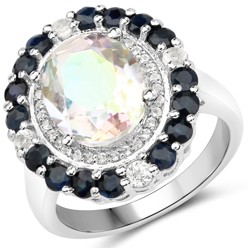 Rings-4.95 Carat Genuine White Rainbow Quartz, Blue Sapphire and White Topaz .925 Sterling Silver Ring