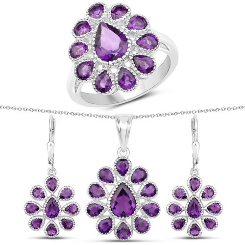 Amethyst-8.14 Carat Genuine Amethyst .925 Sterling Silver 3 Piece Jewelry Set (Ring, Earrings, and Pendant w/ Chain)