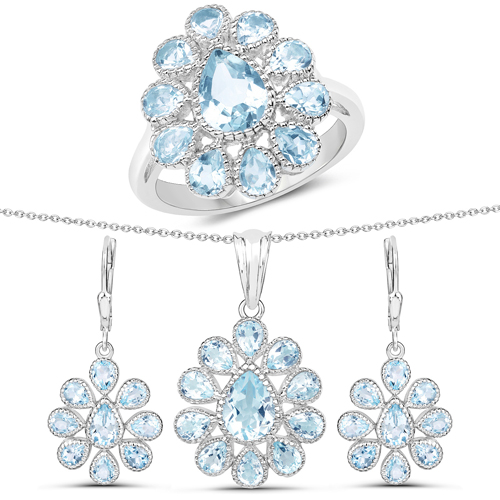 Jewelry Sets-9.74 Carat Genuine Blue Topaz .925 Sterling Silver 3 Piece Jewelry Set (Ring, Earrings, and Pendant w/ Chain)