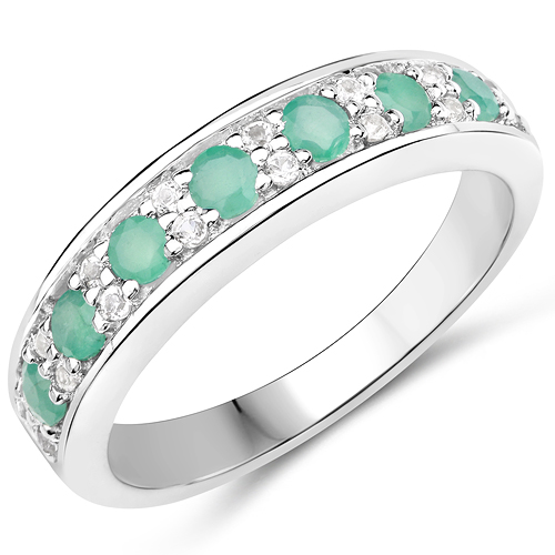 Emerald-0.55 Carat Genuine Emerald and White Topaz .925 Sterling Silver Ring