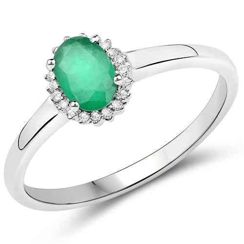 Emerald-18K White Gold 0.50 Carat Genuine Zambian Emerald and White Diamond Ring