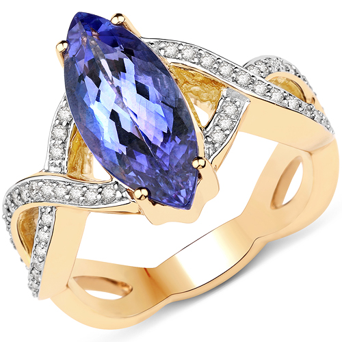3.11 ctw. Genuine Tanzanite and 0.27 ctw. White Diamond Crossover Ring in 14K Yellow Gold