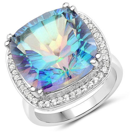 Rings-13.33 Carat Genuine Blue Rainbow Quartz and White Topaz .925 Sterling Silver Ring