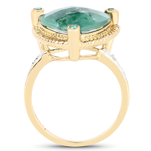 14K Yellow Gold Plated 11.20 Carat Dyed Emerald & White Diamond .925 Sterling Silver Ring