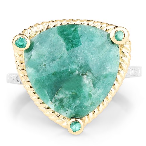 14K Yellow Gold Plated 11.20 Carat Dyed Emerald & White Diamond .925 Sterling Silver Ring