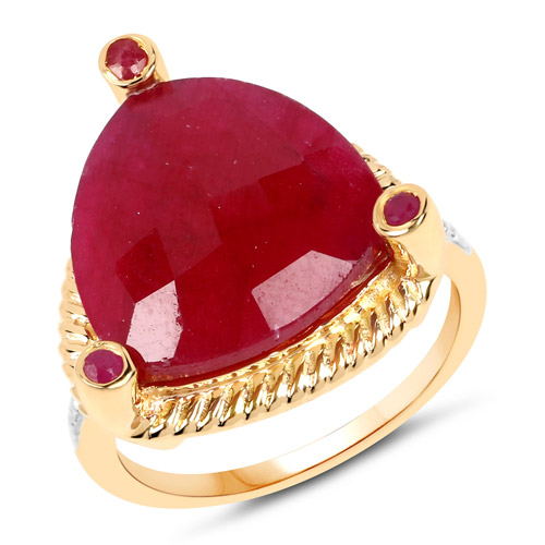Ruby-14K Yellow Gold Plated 11.08 Carat Dyed Ruby and White Diamond .925 Sterling Silver Ring
