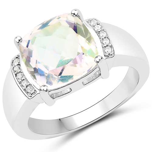 Rings-4.01 Carat Genuine Opal Rainbow Quartz and White Zircon .925 Sterling Silver Ring