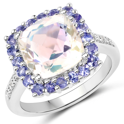 Rings-4.67 Carat Genuine Opal Rainbow Quartz, Tanzanite and White Zircon .925 Sterling Silver Ring