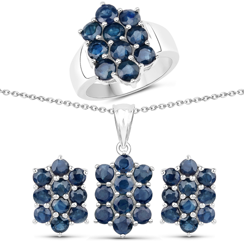 Sapphire-7.80 Carat Genuine Blue Sapphire .925 Sterling Silver 3 Piece Jewelry Set (Ring, Earrings, and Pendant w/ Chain)