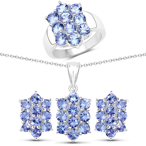 Tanzanite-6.60 Carat Genuine Tanzanite .925 Sterling Silver 3 Piece Jewelry Set (Ring, Earrings, and Pendant w/ Chain)
