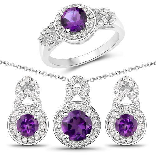 Amethyst-2.54 Carat Genuine Amethyst and White Topaz .925 Sterling Silver 3 Piece Jewelry Set (Ring, Earrings, and Pendant w/ Chain)