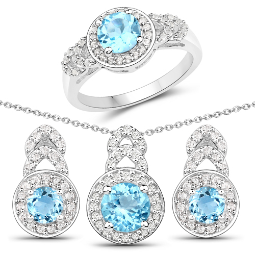 Jewelry Sets-3.24 Carat Genuine Swiss Blue Topaz and White Topaz .925 Sterling Silver 3 Piece Jewelry Set (Ring, Earrings, and Pendant w/ Chain)