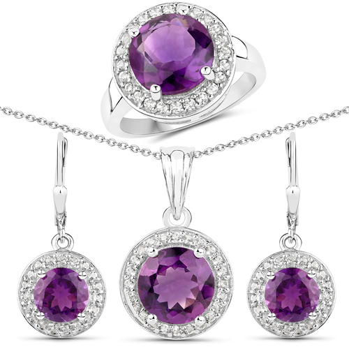 Amethyst-12.09 Carat Genuine Amethyst and White Topaz .925 Sterling Silver 3 Piece Jewelry Set (Ring, Earrings, and Pendant w/ Chain)
