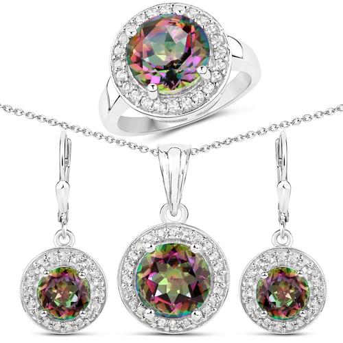 Jewelry Sets-14.47 Carat Genuine Rainbow Quartz and White Topaz .925 Sterling Silver 3 Piece Jewelry Set (Ring, Earrings, and Pendant w/ Chain)