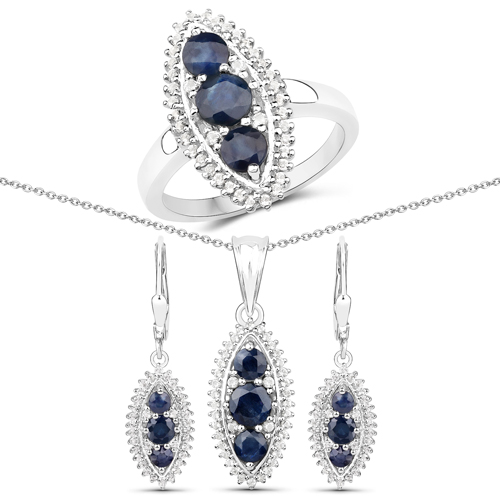 Sapphire-4.30 Carat Genuine Blue Sapphire and White Topaz .925 Sterling Silver 3 Piece Jewelry Set (Ring, Earrings, and Pendant w/ Chain)
