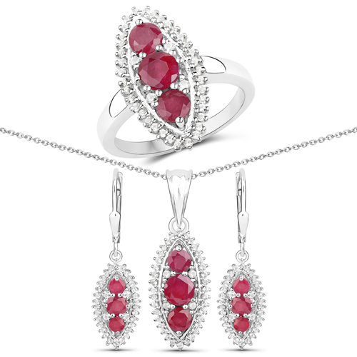 Ruby-4.32 Carat Genuine Ruby and White Topaz .925 Sterling Silver 3 Piece Jewelry Set (Ring, Earrings, and Pendant w/ Chain)