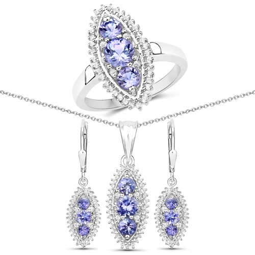 Tanzanite-3.62 Carat Genuine Tanzanite and White Topaz .925 Sterling Silver 3 Piece Jewelry Set (Ring, Earrings, and Pendant w/ Chain)