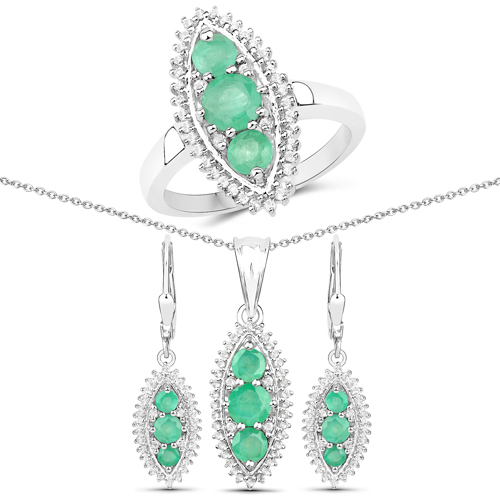 Jewelry Sets-3.52 Carat Genuine Zambian Emerald and White Topaz .925 Sterling Silver 3 Piece Jewelry Set (Ring, Earrings, and Pendant w/ Chain)