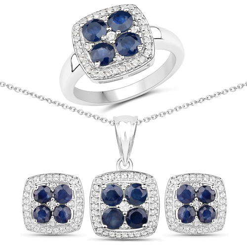 Sapphire-3.82 Carat Genuine Blue Sapphire and White Topaz .925 Sterling Silver 3 Piece Jewelry Set (Ring, Earrings, and Pendant w/ Chain)