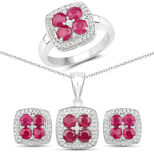 Ruby-4.14 Carat Genuine Ruby and White Topaz .925 Sterling Silver 3 Piece Jewelry Set (Ring, Earrings, and Pendant w/ Chain)