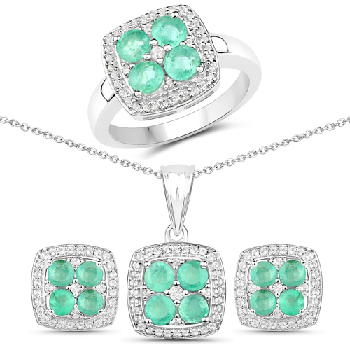 Jewelry Sets-3.34 Carat Genuine Zambian Emerald and White Topaz .925 Sterling Silver 3 Piece Jewelry Set (Ring, Earrings, and Pendant w/ Chain)
