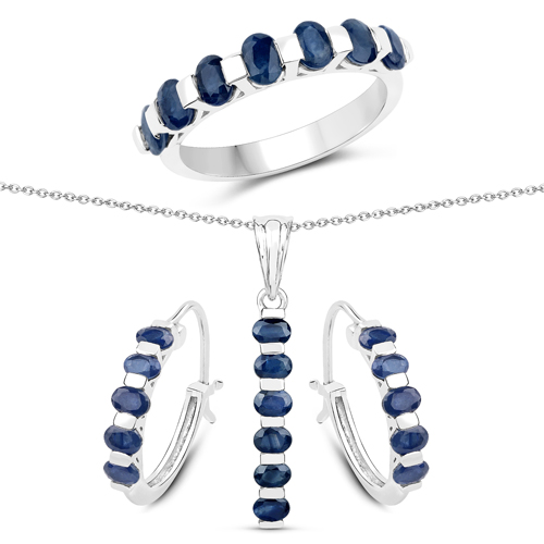 Sapphire-4.60 Carat Genuine Blue Sapphire .925 Sterling Silver 3 Piece Jewelry Set (Ring, Earrings, and Pendant w/ Chain)