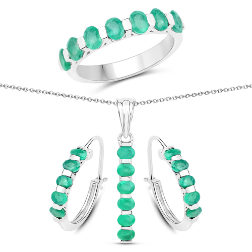 Jewelry Sets-3.45 Carat Genuine Zambian Emerald .925 Sterling Silver 3 Piece Jewelry Set (Ring, Earrings, and Pendant w/ Chain)