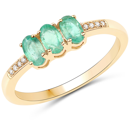 Emerald-0.59 Carat Genuine Zambian Emerald and White Diamond 14K Yellow Gold Ring