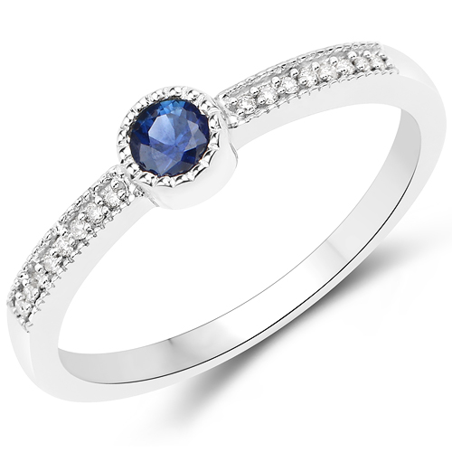 Sapphire-0.17 Carat Genuine Blue Sapphire and White Diamond 18K White Gold Ring