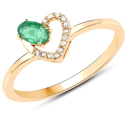 Emerald-0.23 Carat Genuine Zambian Emerald and White Diamond 18K Yellow Gold Ring