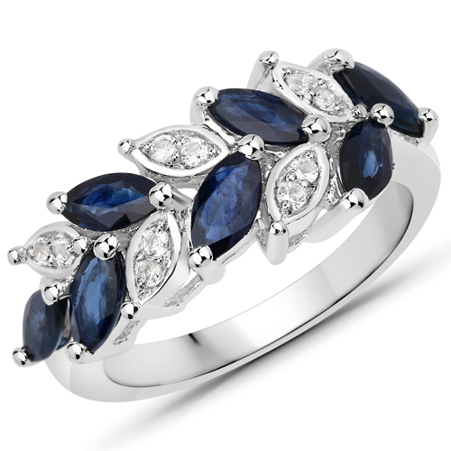 Sapphire-1.95 Carat Genuine Blue Sapphire and White Topaz .925 Sterling Silver Ring