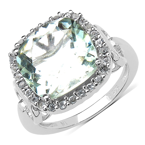Amethyst-5.86 Carat Genuine Green Amethyst and Green Diamond .925 Sterling Silver Ring