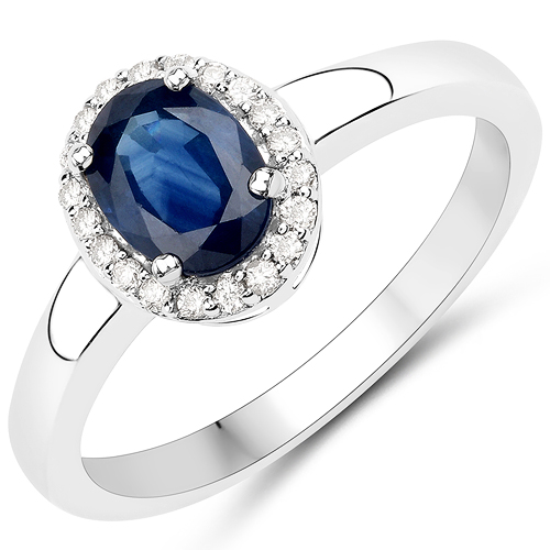 Sapphire-1.05 Carat Genuine Blue Sapphire and White Diamond 18K White Gold Ring