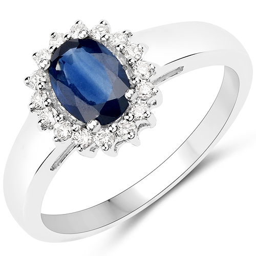Sapphire-1.11 Carat Genuine Blue Sapphire and White Diamond 18K White Gold Ring