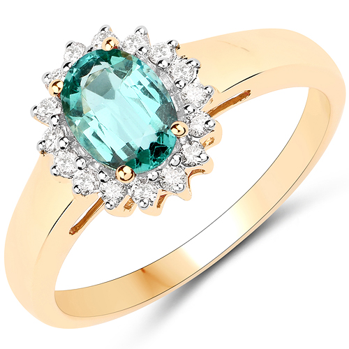 Emerald-0.88 Carat Genuine Zambian Emerald and White Diamond 18K Yellow Gold Ring