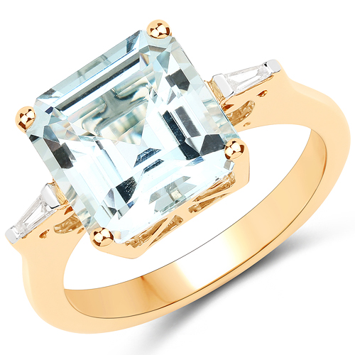 Rings-4.11 Carat Genuine Aquamarine and White Diamond 14K Yellow Gold Ring