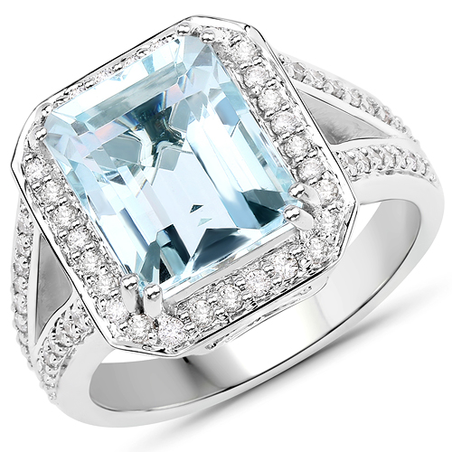 5.33 Carat Genuine Aquamarine and White Diamond 14K White Gold Ring