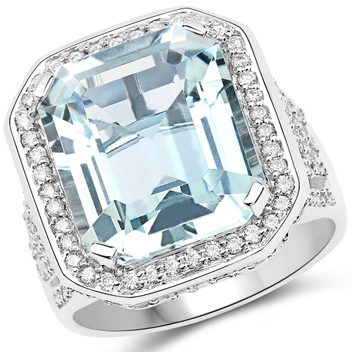 Rings-9.24 Carat Genuine Aquamarine and White Diamond 14K White Gold Ring