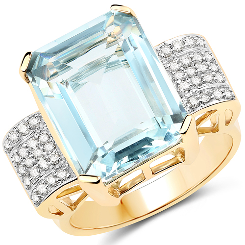 Rings-9.15 Carat Genuine Aquamarine and White Diamond 14K Yellow Gold Ring
