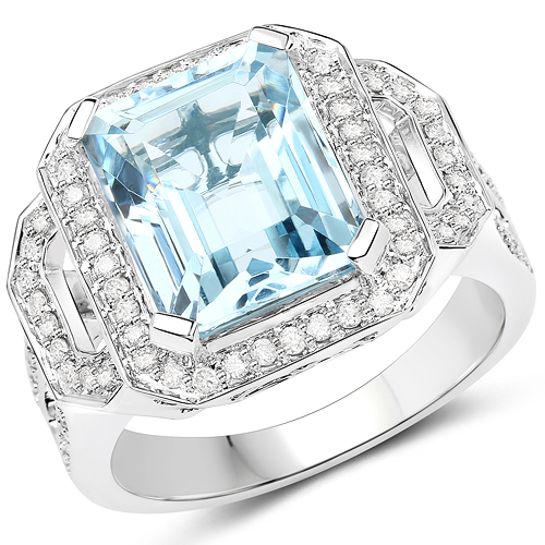 Rings-5.09 Carat Genuine Aquamarine and White Diamond 14K White Gold Ring