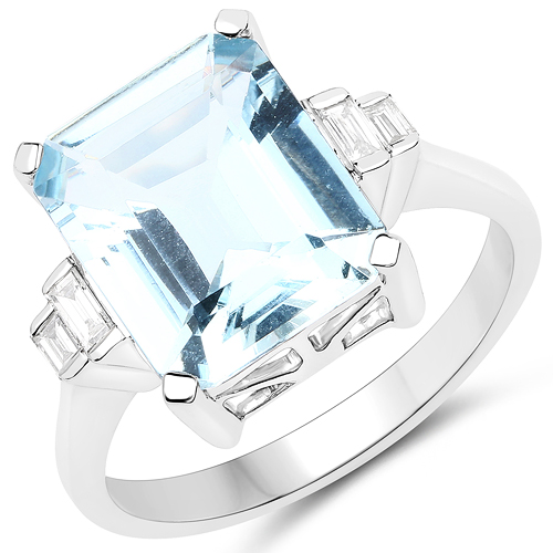 Rings-4.33 Carat Genuine Aquamarine and White Diamond 14K White Gold Ring