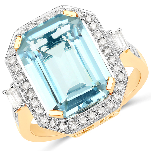Rings-5.55 Carat Genuine Aquamarine and White Diamond 14K Yellow Gold Ring