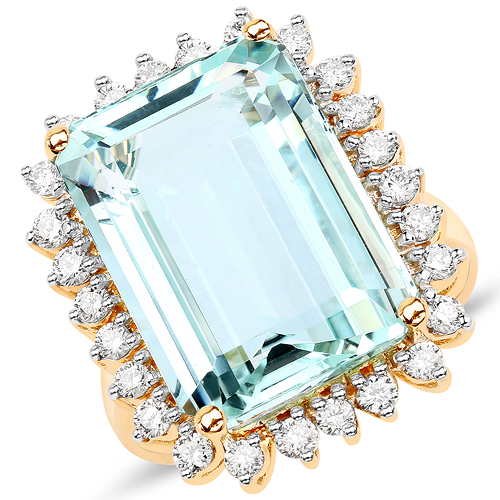 Rings-15.03 Carat Genuine Aquamarine and White Diamond 14K Yellow Gold Ring