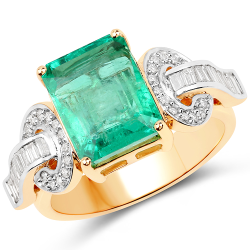 Emerald-4.56 Carat Genuine Emerald and White Diamond 14K Yellow Gold Ring