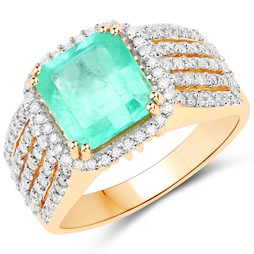 Emerald-3.04 Carat Genuine Emerald and White Diamond 14K Yellow Gold Ring