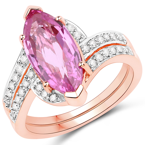 Sapphire-3.69 Carat Genuine Pink Sapphire and White Diamond 14K Rose Gold Ring