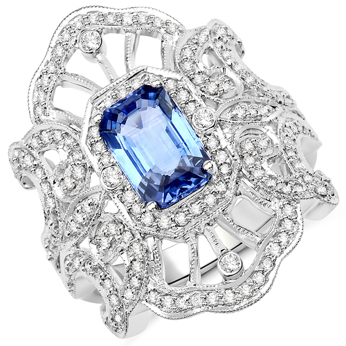 Sapphire-2.21 Carat Genuine Cylone Sapphire and White Diamond 14K White Gold Ring