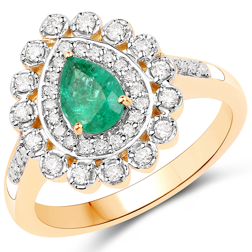 Emerald-1.01 Carat Genuine Zambian Emerald and White Diamond 14K Yellow Gold Ring