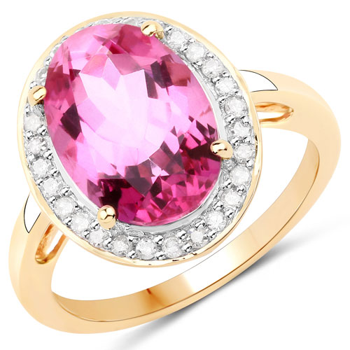 Rings-5.70 Carat Genuine Pink Topaz and White Diamond 14K Yellow Gold Ring