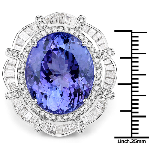 19.50 Carat Genuine Tanzanite and White Diamond 18K White Gold Ring